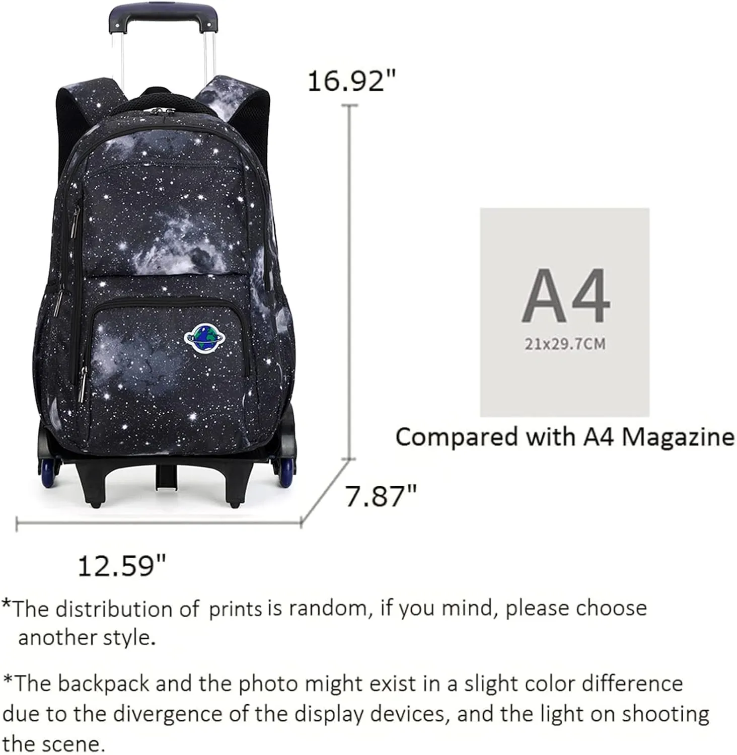 GLOOMALL Starry Sky Kids Trolley Rolling Backpack Primary School Bookbag with Wheels Travel Luggage (Black White Starry Sky)