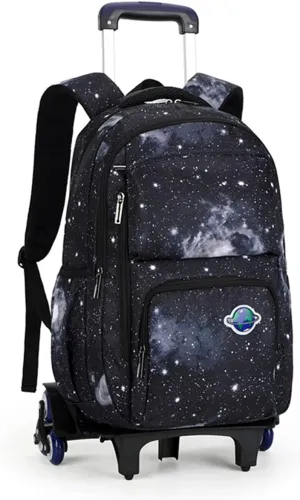 GLOOMALL Starry Sky Kids Trolley Rolling Backpack Primary School Bookbag with Wheels Travel Luggage (Black White Starry Sky)