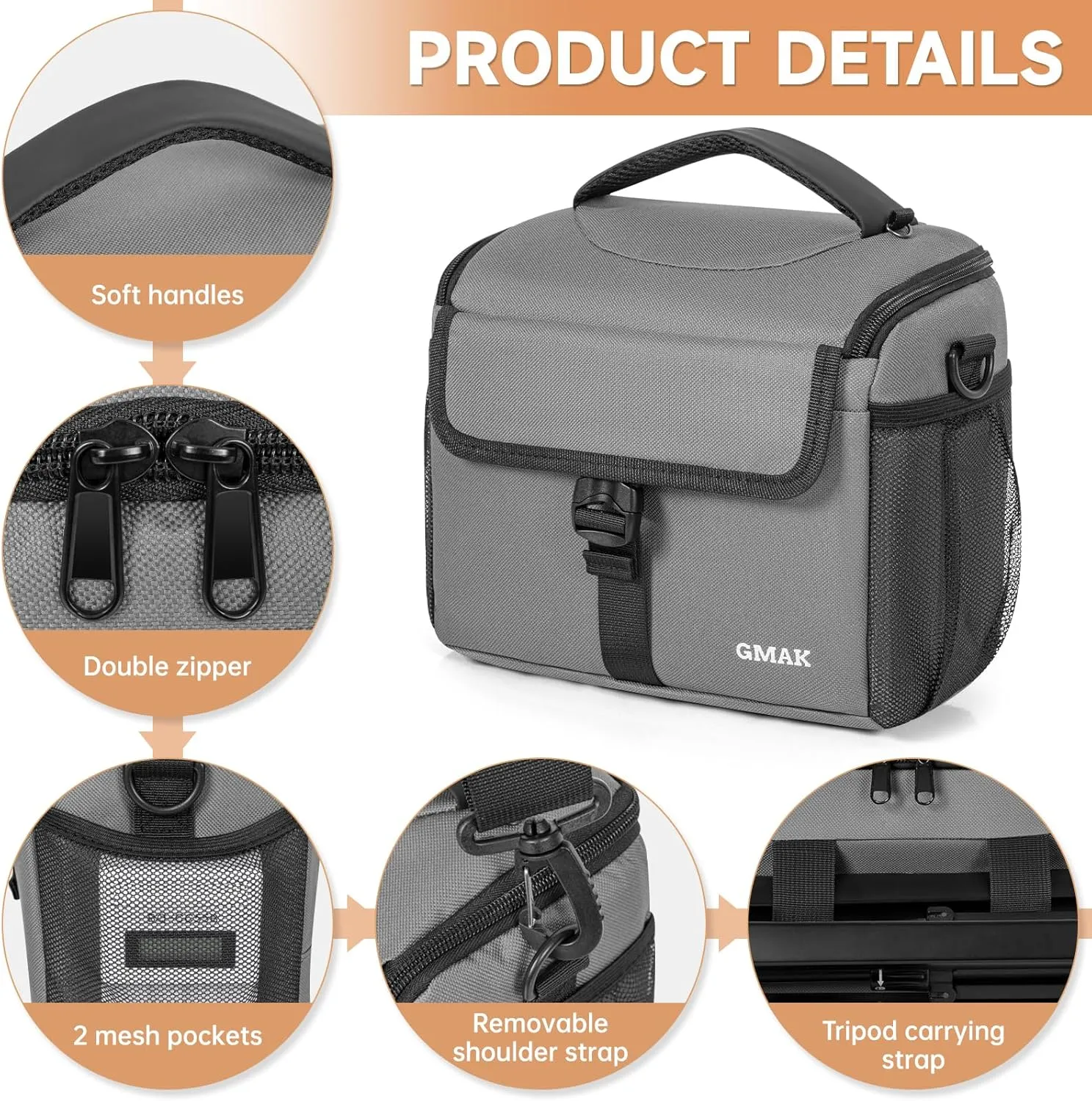 GMAK Camera Bag for Photographers, Anti-shock Camera Shoulder Bags with Water-resistant Rain Cover, Camera Case Compatible for DSLR/SLR/Mirrorless Cameras, 9'' × 4.7'' × 7.5'', Grey