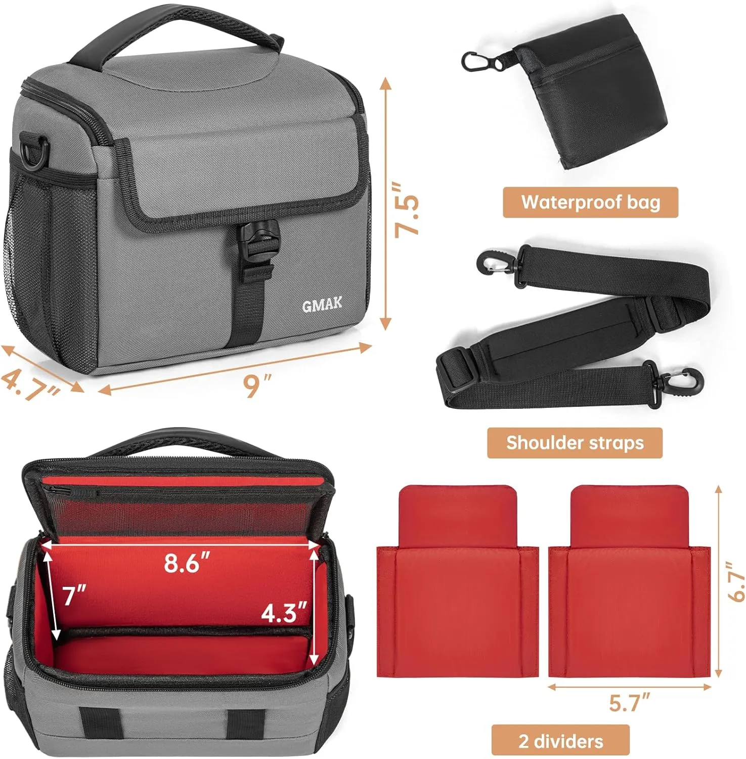 GMAK Camera Bag for Photographers, Anti-shock Camera Shoulder Bags with Water-resistant Rain Cover, Camera Case Compatible for DSLR/SLR/Mirrorless Cameras, 9'' × 4.7'' × 7.5'', Grey