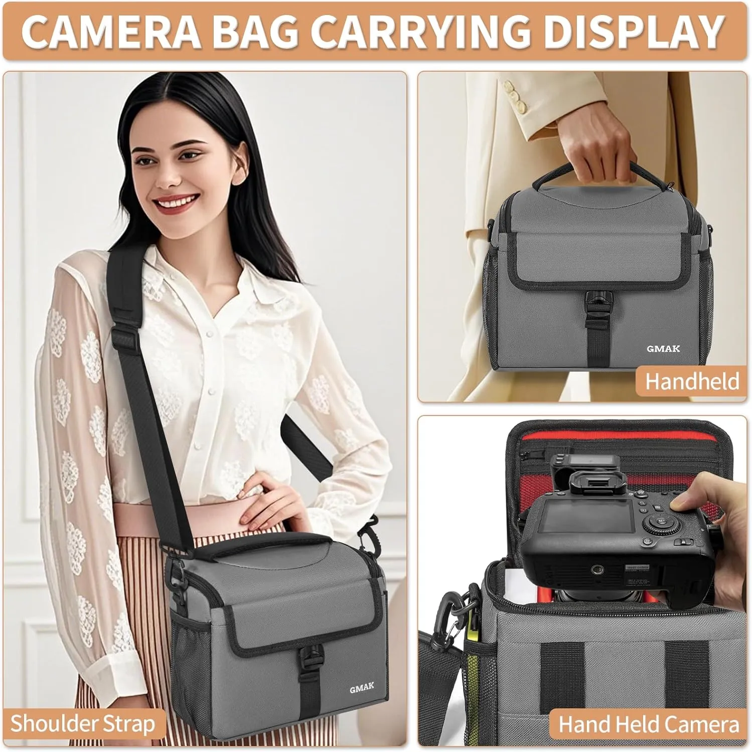 GMAK Camera Bag for Photographers, Anti-shock Camera Shoulder Bags with Water-resistant Rain Cover, Camera Case Compatible for DSLR/SLR/Mirrorless Cameras, 9'' × 4.7'' × 7.5'', Grey