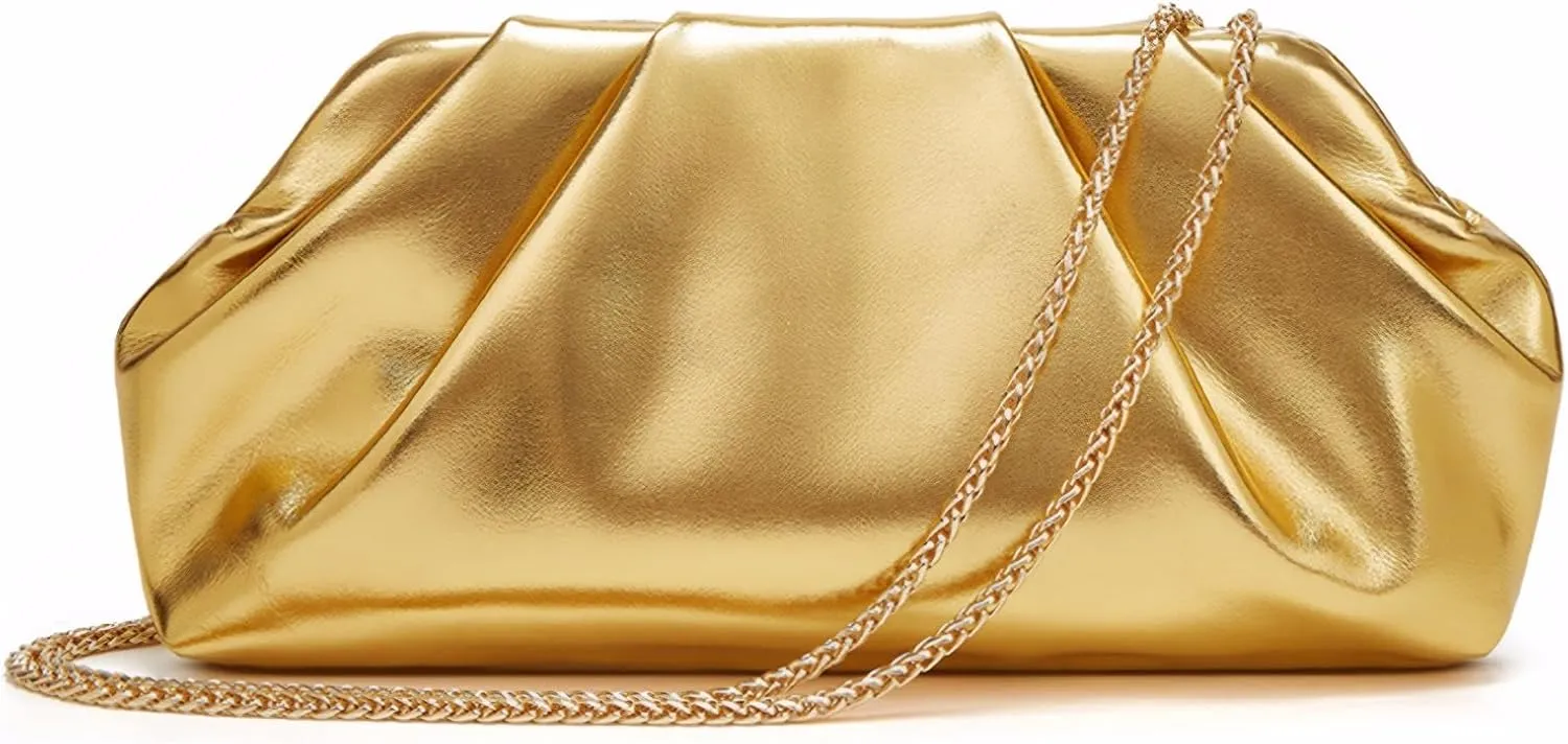 Gold Clutch Purses for Women Soft PU Leather Gold Bag,Ruched Clutch Purse with Removable Chain Handbag Women's Evening Bag Suitable for Party Dance Wedding