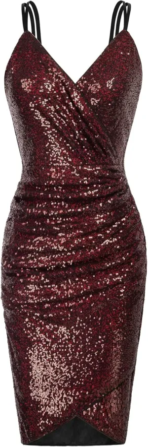 GRACE KARIN Women's Sexy Sequin Sparkly Glitter Ruched Party Club Dress Spaghetti Straps Wrap V-Neck Bodycon Dress