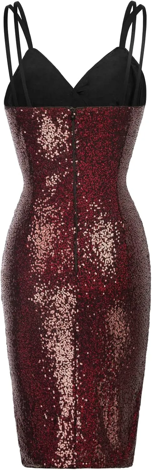 GRACE KARIN Women's Sexy Sequin Sparkly Glitter Ruched Party Club Dress Spaghetti Straps Wrap V-Neck Bodycon Dress