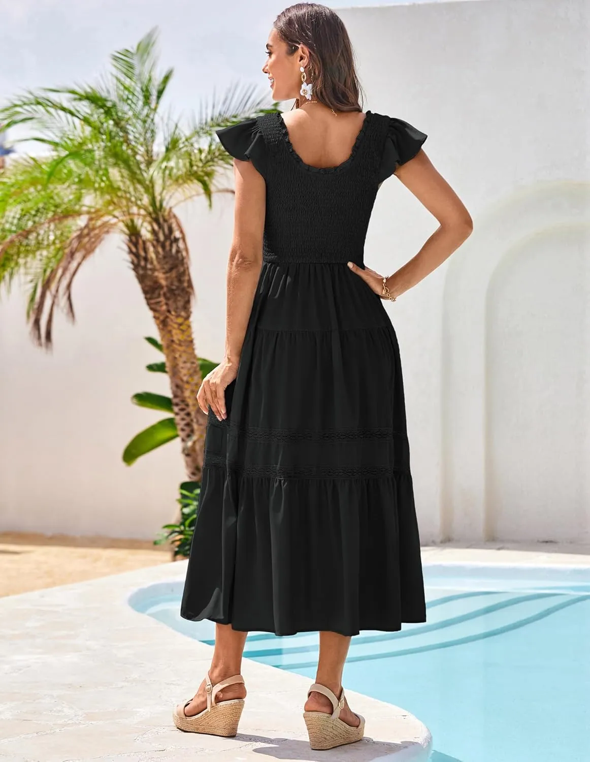 GRACE KARIN Womens Summer Dress Casual 2025 Flutter Sleeve Square Neck Smocked Boho Beach Dresses Tiered Midi Long Sundress