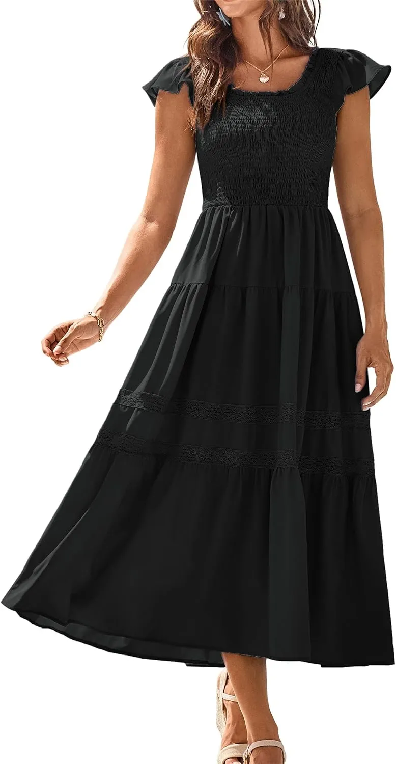 GRACE KARIN Womens Summer Dress Casual 2025 Flutter Sleeve Square Neck Smocked Boho Beach Dresses Tiered Midi Long Sundress