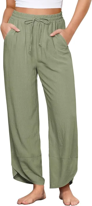 GRAPENT Linen Pants Women High Waisted Wide Leg Casual Beach Pull On Elastic Waist Summer Cropped Pants with Pockets