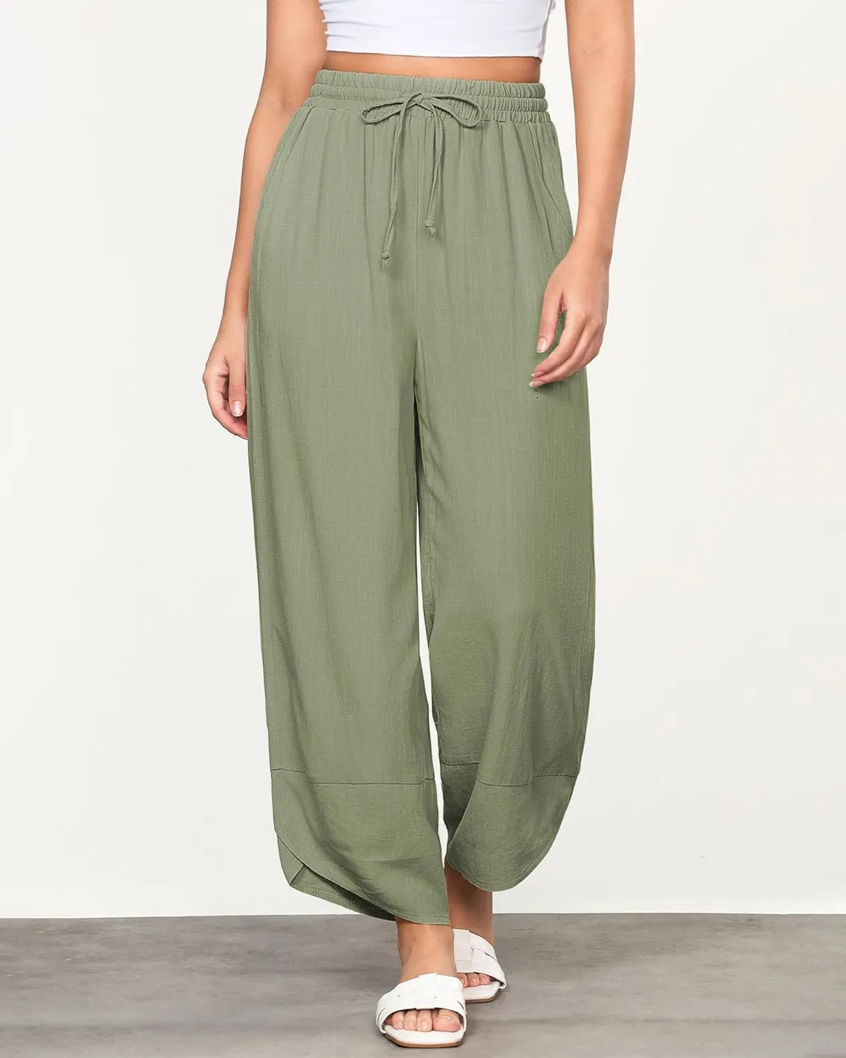 GRAPENT Linen Pants Women High Waisted Wide Leg Casual Beach Pull On Elastic Waist Summer Cropped Pants with Pockets
