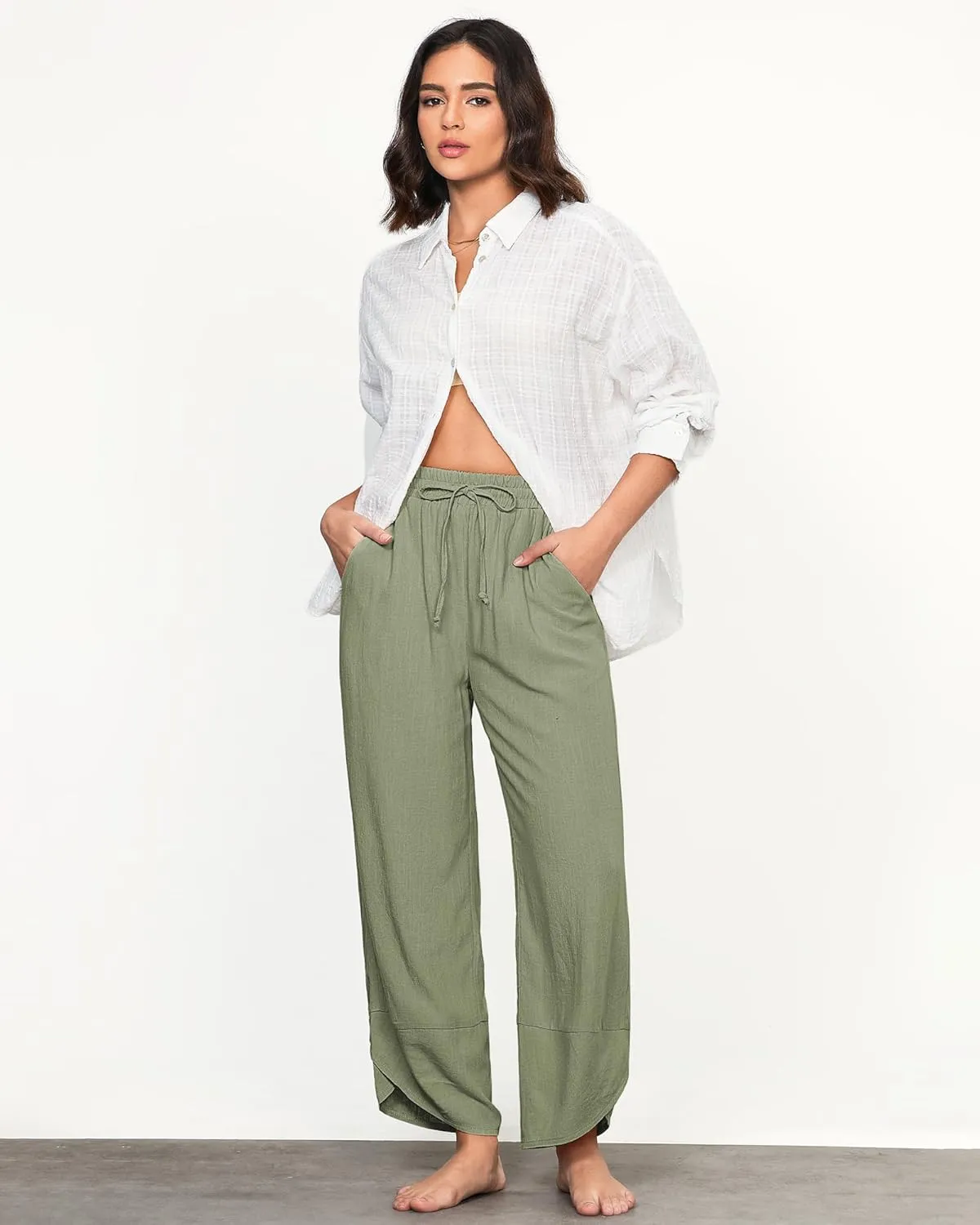 GRAPENT Linen Pants Women High Waisted Wide Leg Casual Beach Pull On Elastic Waist Summer Cropped Pants with Pockets
