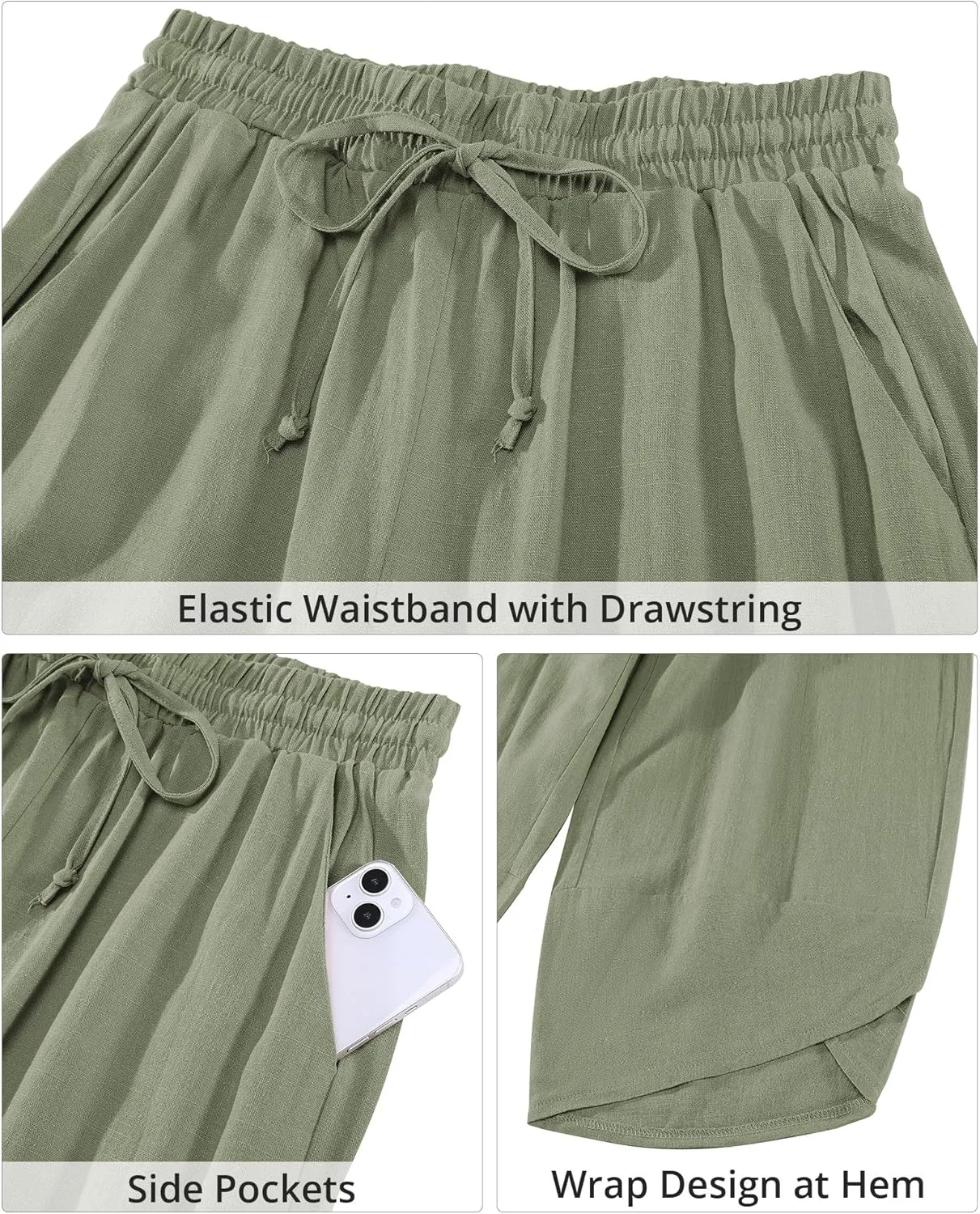 GRAPENT Linen Pants Women High Waisted Wide Leg Casual Beach Pull On Elastic Waist Summer Cropped Pants with Pockets