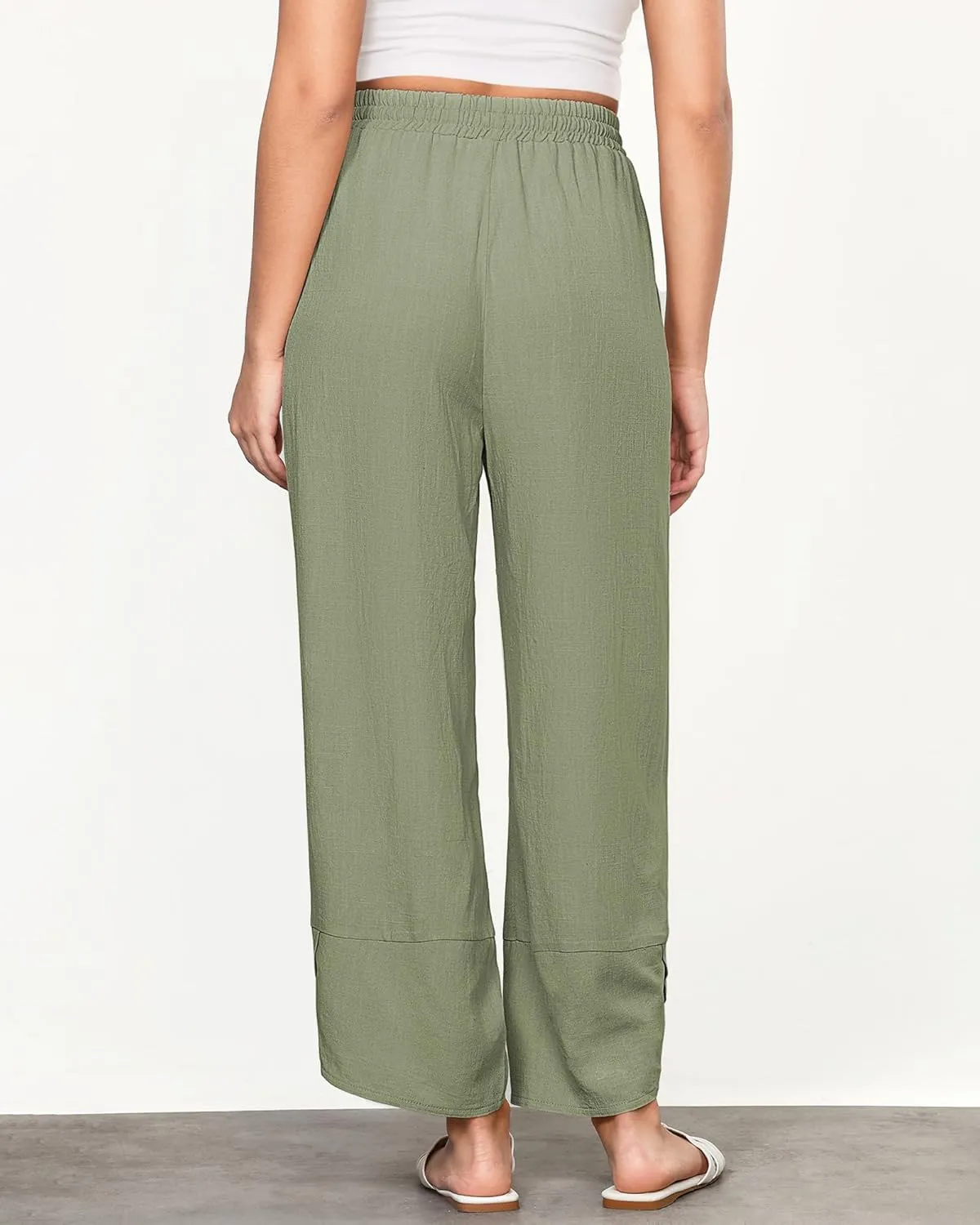 GRAPENT Linen Pants Women High Waisted Wide Leg Casual Beach Pull On Elastic Waist Summer Cropped Pants with Pockets