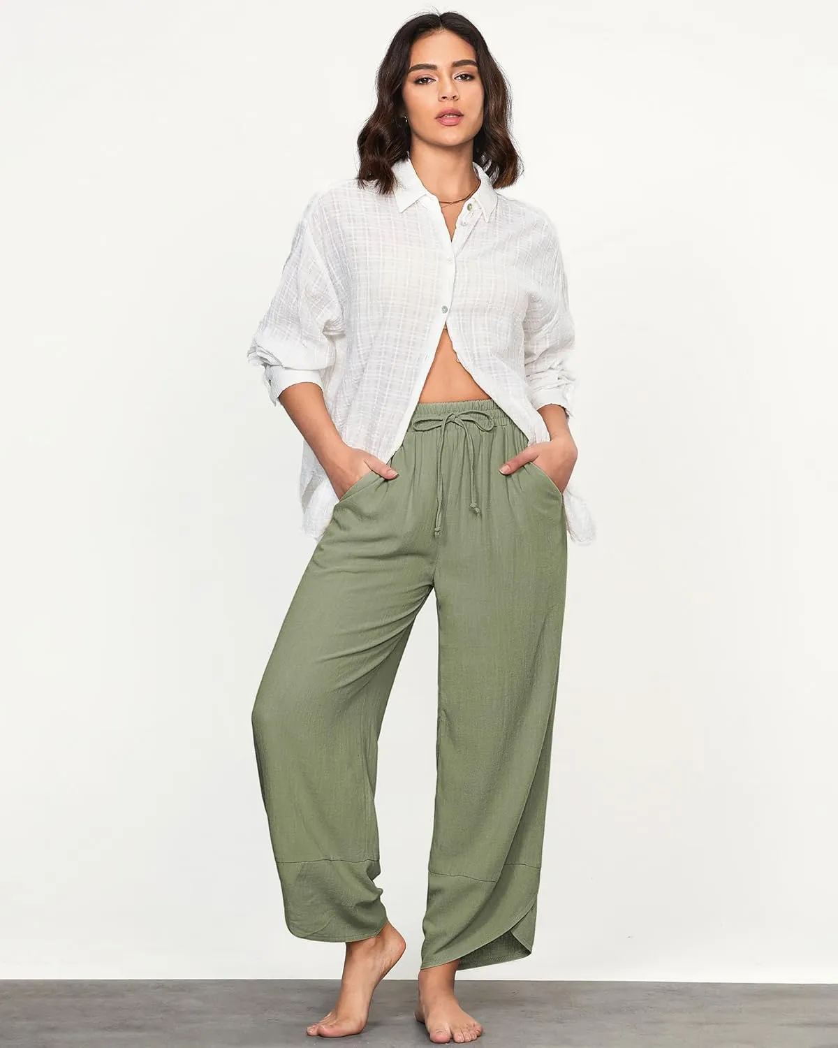 GRAPENT Linen Pants Women High Waisted Wide Leg Casual Beach Pull On Elastic Waist Summer Cropped Pants with Pockets