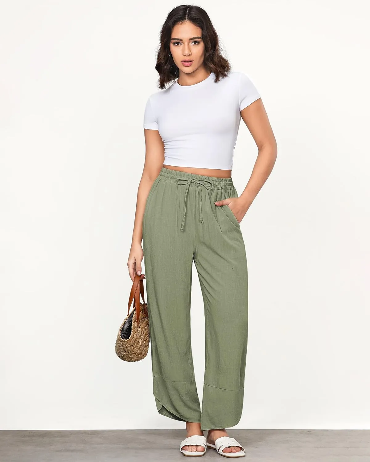 GRAPENT Linen Pants Women High Waisted Wide Leg Casual Beach Pull On Elastic Waist Summer Cropped Pants with Pockets