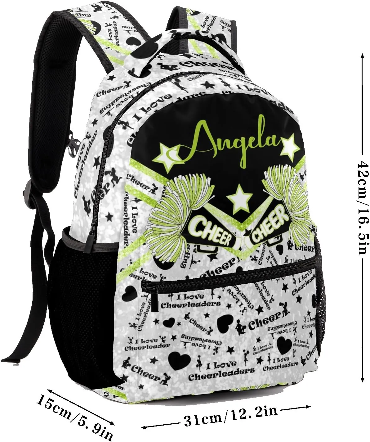 Green Cheerleading Spark Print Backpack Personalized Casual Daypack for Kids Child Student Bookbag with 2 Side Pockets Daypack for Men Women