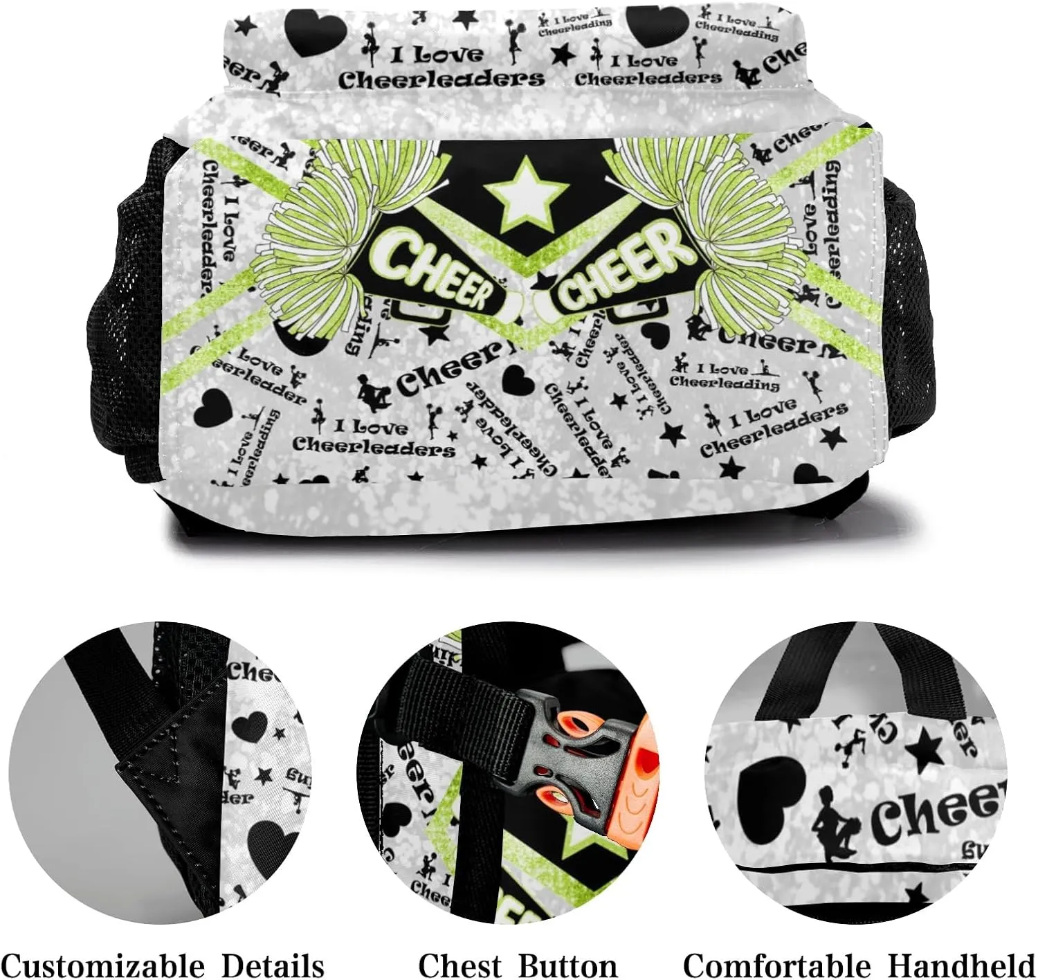 Green Cheerleading Spark Print Backpack Personalized Casual Daypack for Kids Child Student Bookbag with 2 Side Pockets Daypack for Men Women