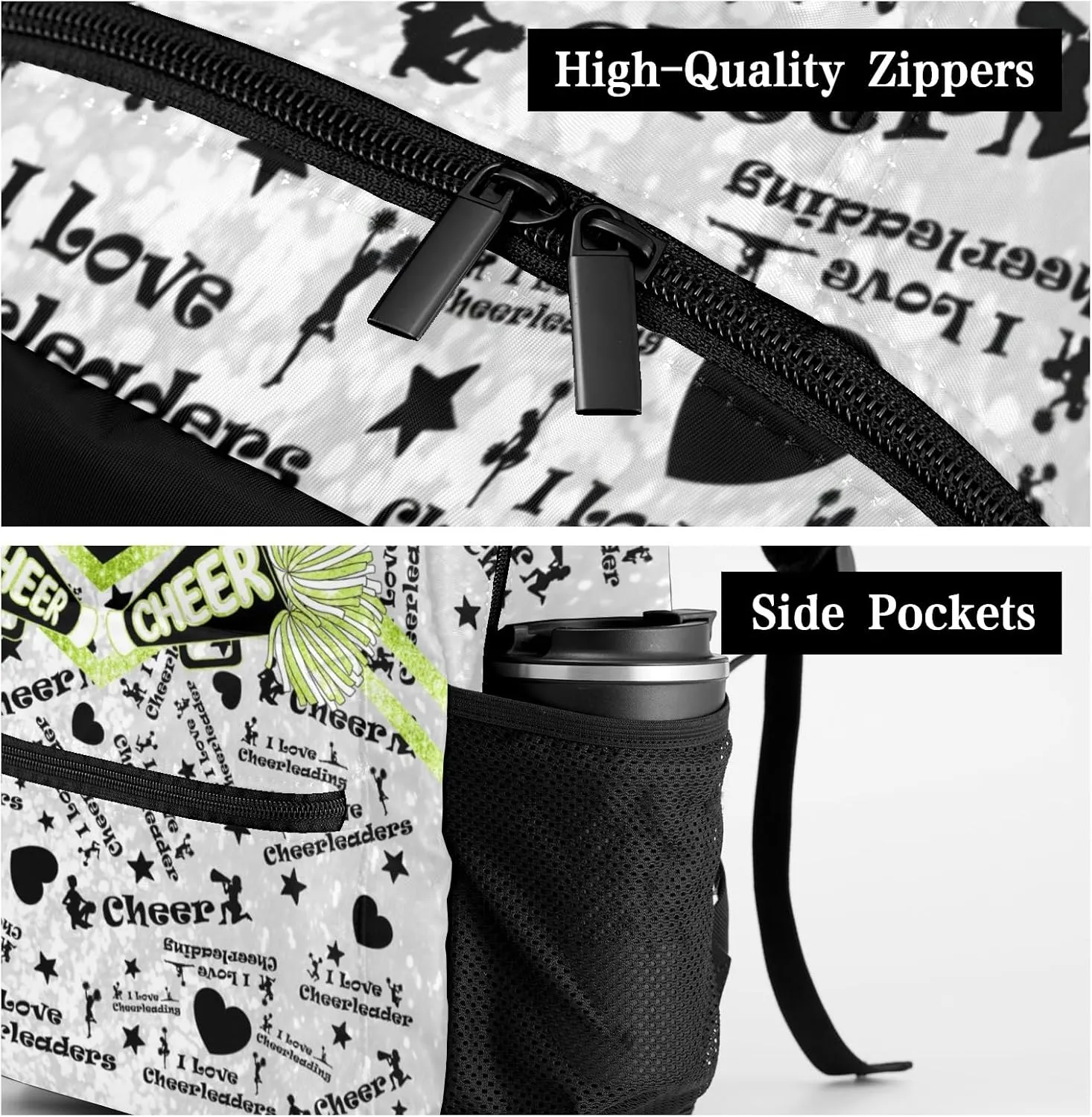 Green Cheerleading Spark Print Backpack Personalized Casual Daypack for Kids Child Student Bookbag with 2 Side Pockets Daypack for Men Women