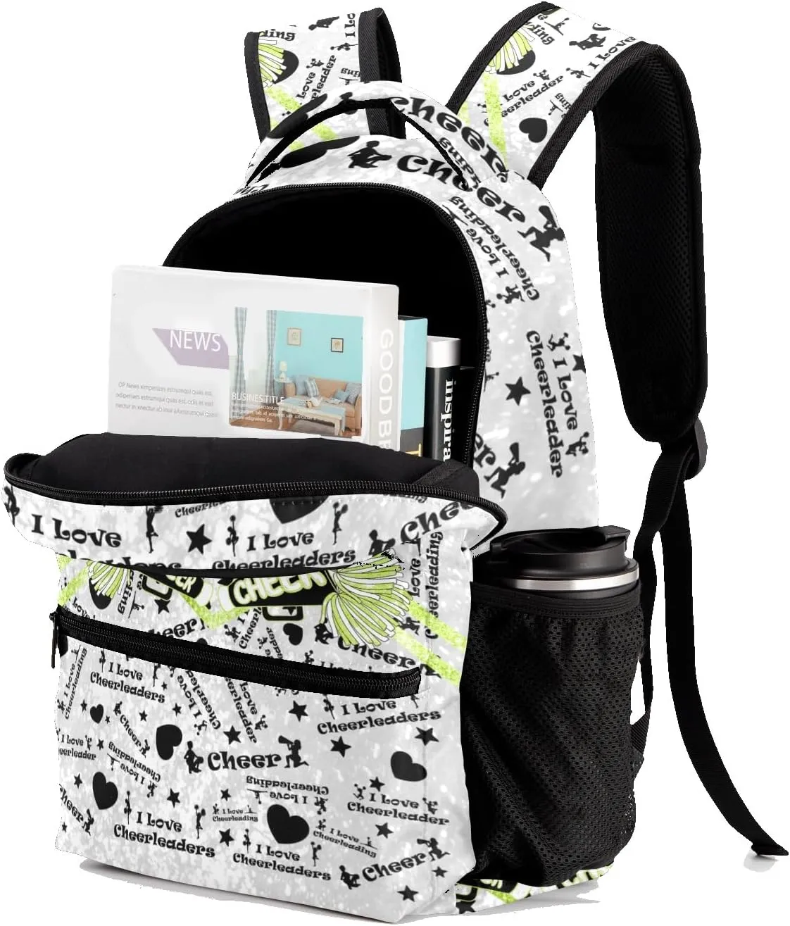 Green Cheerleading Spark Print Backpack Personalized Casual Daypack for Kids Child Student Bookbag with 2 Side Pockets Daypack for Men Women