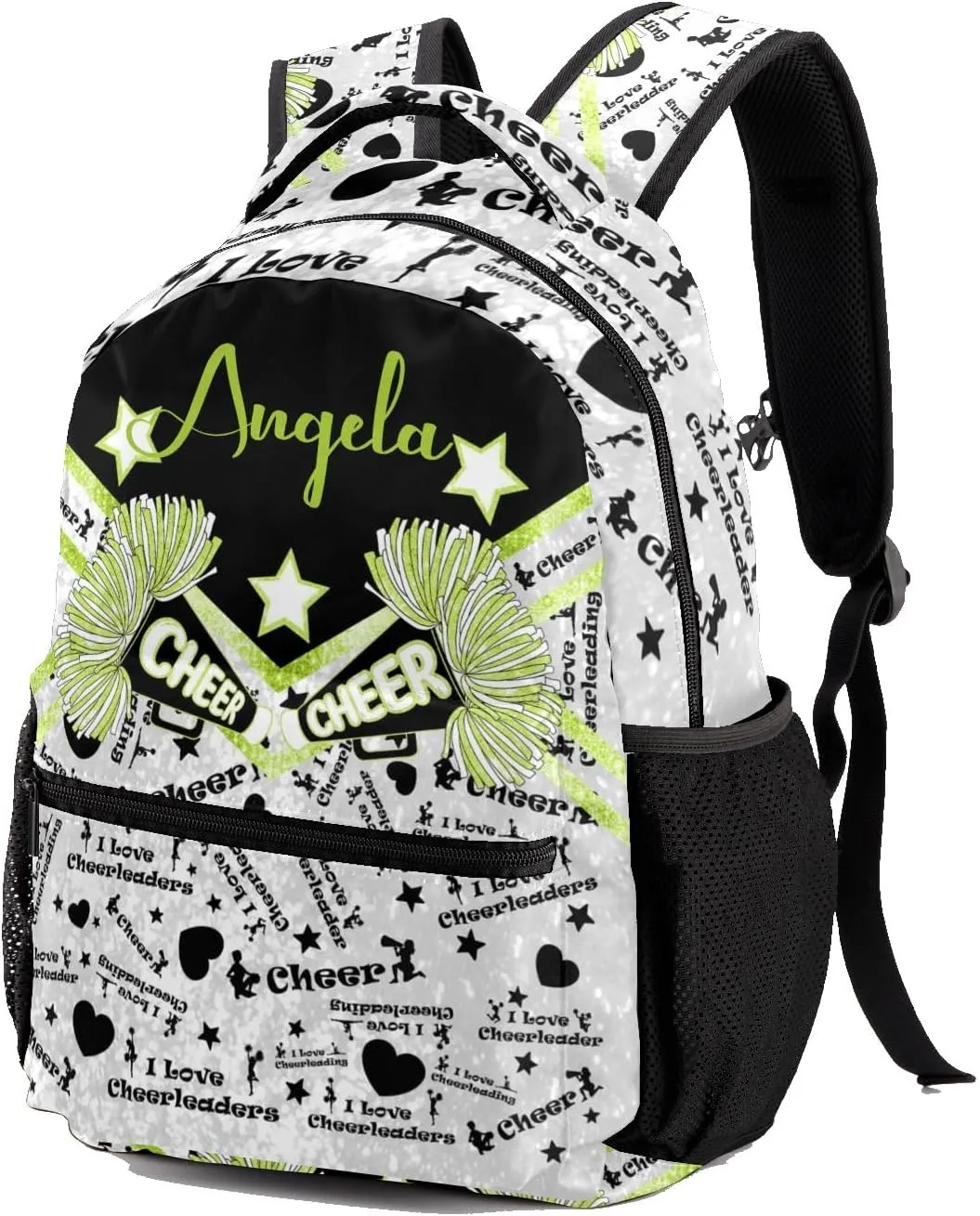 Green Cheerleading Spark Print Backpack Personalized Casual Daypack for Kids Child Student Bookbag with 2 Side Pockets Daypack for Men Women