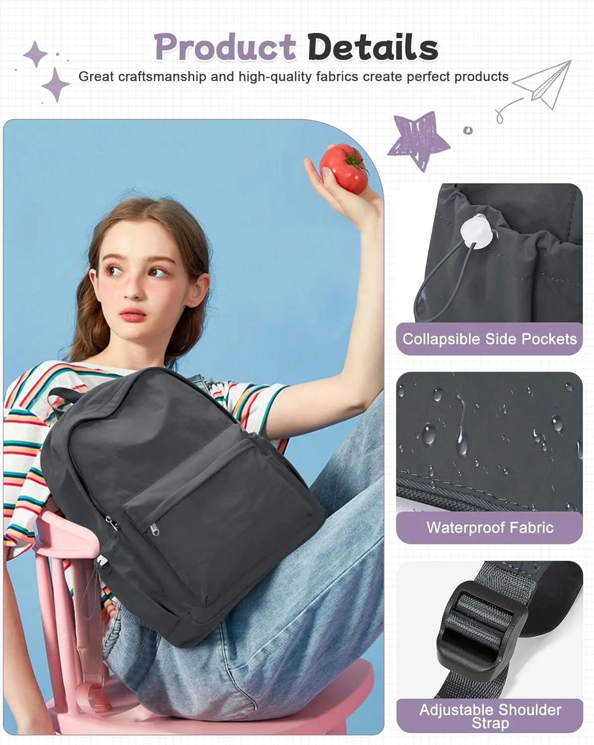 Grey Backpack for School Women Girls, Waterproof Bookbag Cute High School Back Pack for Men Teen Boys, Lightweight Travel College Backpack Mochilas Escolares para Casual Daypack Rucksack