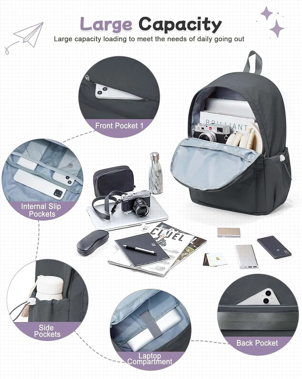 Grey Backpack for School Women Girls, Waterproof Bookbag Cute High School Back Pack for Men Teen Boys, Lightweight Travel College Backpack Mochilas Escolares para Casual Daypack Rucksack