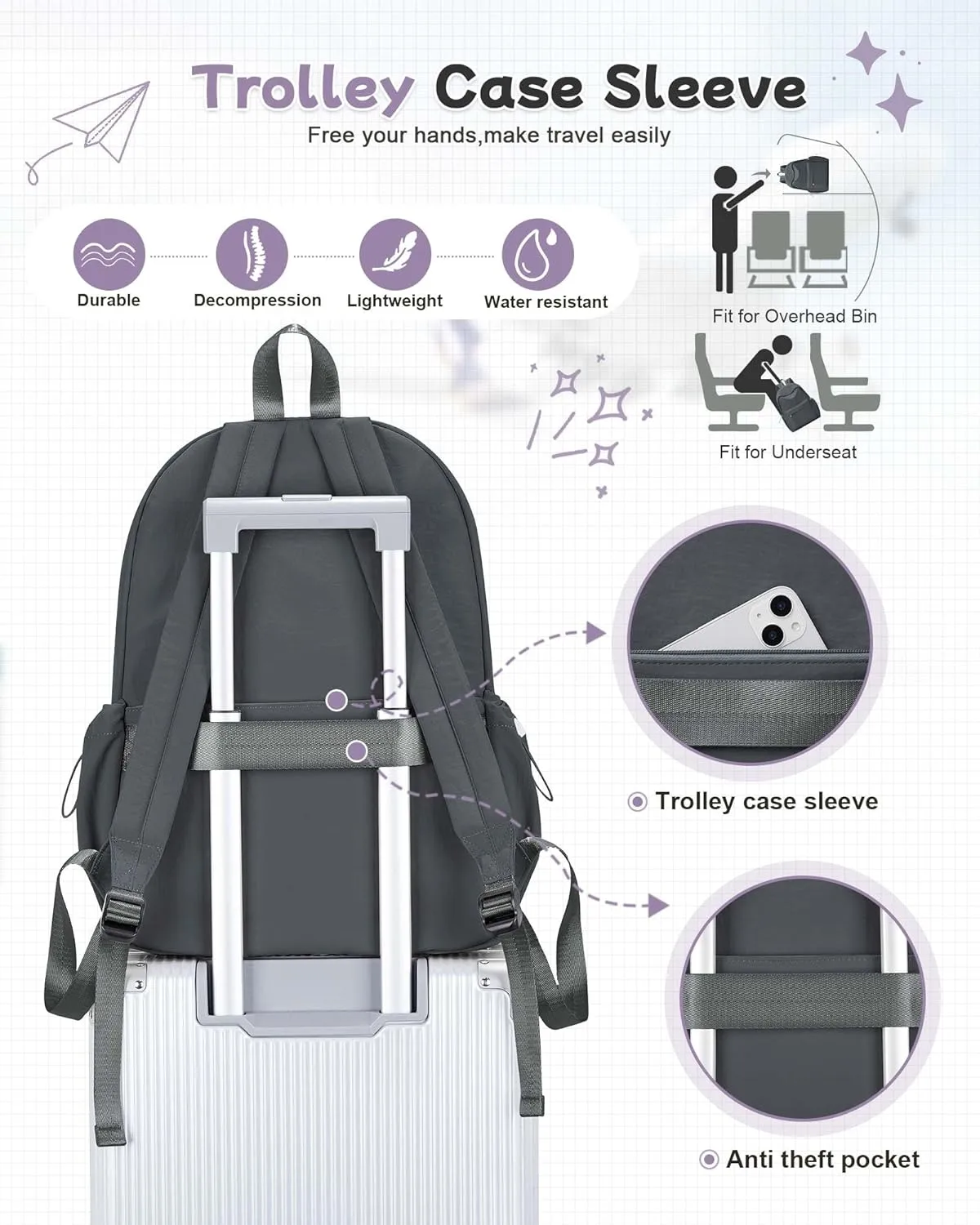 Grey Backpack for School Women Girls, Waterproof Bookbag Cute High School Back Pack for Men Teen Boys, Lightweight Travel College Backpack Mochilas Escolares para Casual Daypack Rucksack