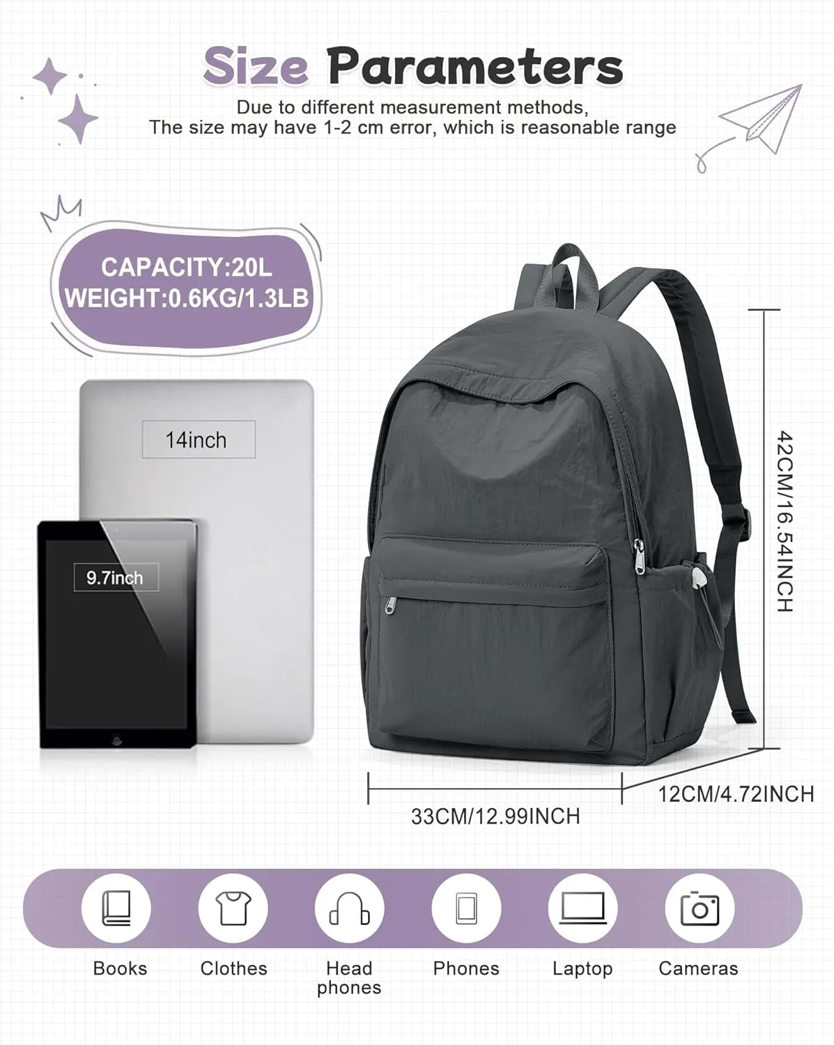 Grey Backpack for School Women Girls, Waterproof Bookbag Cute High School Back Pack for Men Teen Boys, Lightweight Travel College Backpack Mochilas Escolares para Casual Daypack Rucksack