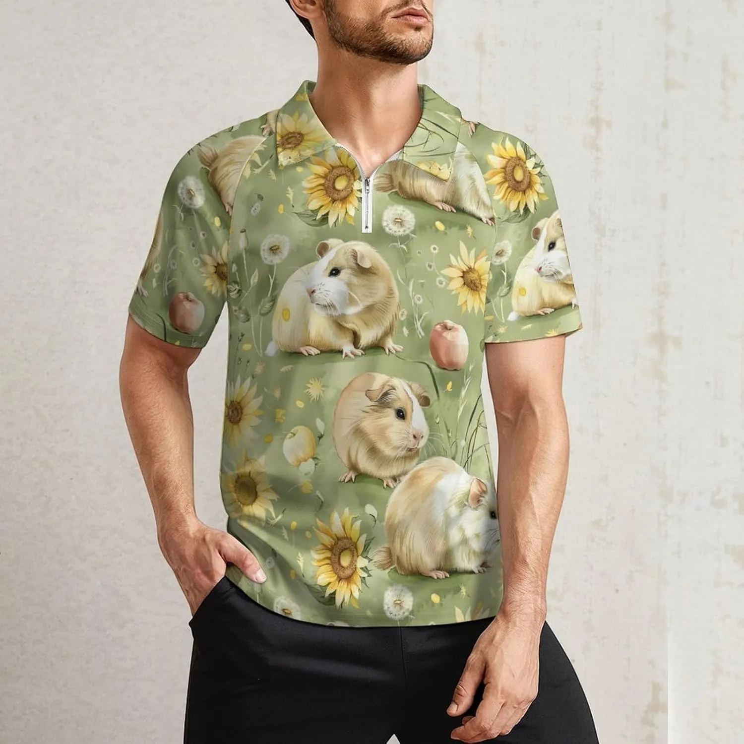 Guinea Pigs Sunflower Grassland Polo Shirts for Men Active Zippered Running Gym Short Sleeve Golf Shirt Tops