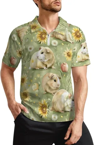 Guinea Pigs Sunflower Grassland Polo Shirts for Men Active Zippered Running Gym Short Sleeve Golf Shirt Tops