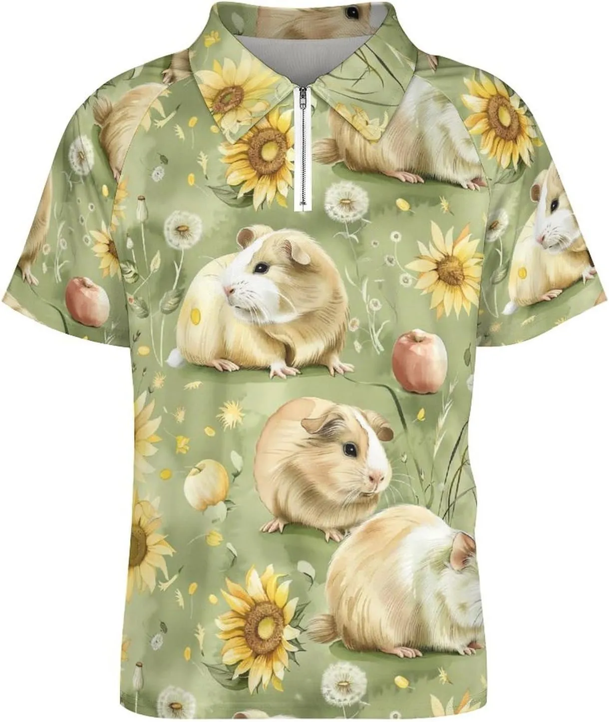 Guinea Pigs Sunflower Grassland Polo Shirts for Men Active Zippered Running Gym Short Sleeve Golf Shirt Tops
