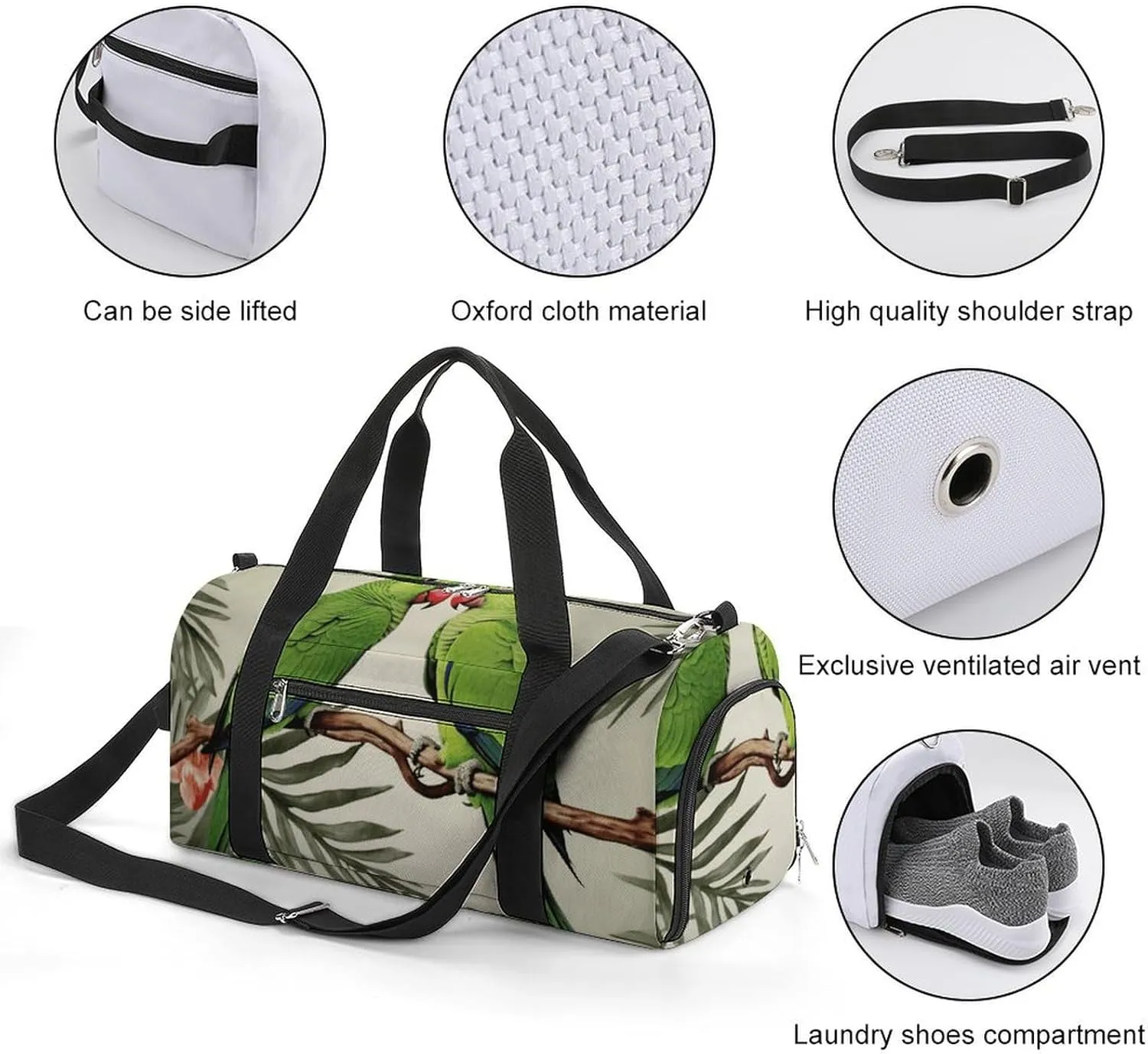 Gym Bag Couple Parrots Olive Duffel Bag for Men Women Travel Overnight Bag with Shoe Compartment Workout Bags