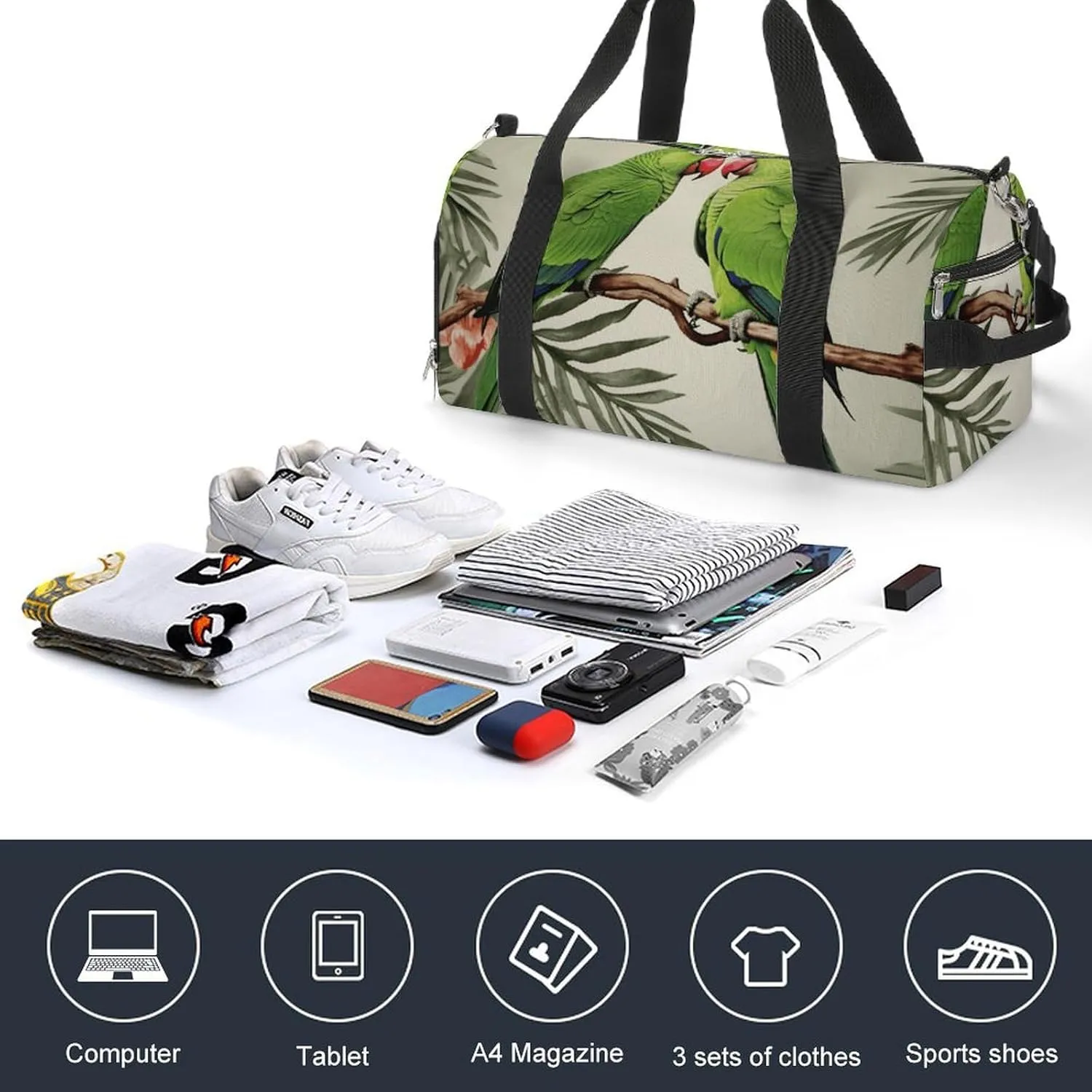 Gym Bag Couple Parrots Olive Duffel Bag for Men Women Travel Overnight Bag with Shoe Compartment Workout Bags