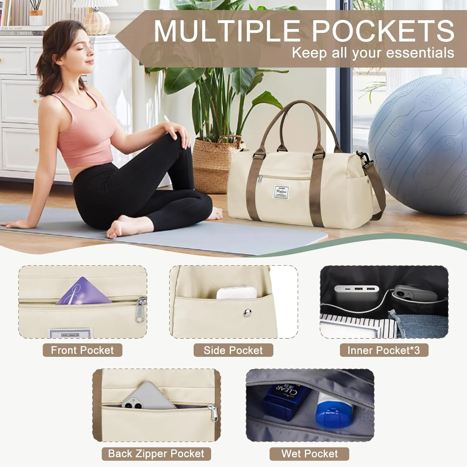 Gym Bag for Women with Shoes Compartment,Small Duffel Bag Sport bag with Toiletry Bag Overnight Travel Tote Bags Weekender Carry on Bag Personal Item Bag for Airlines Beige Brown
