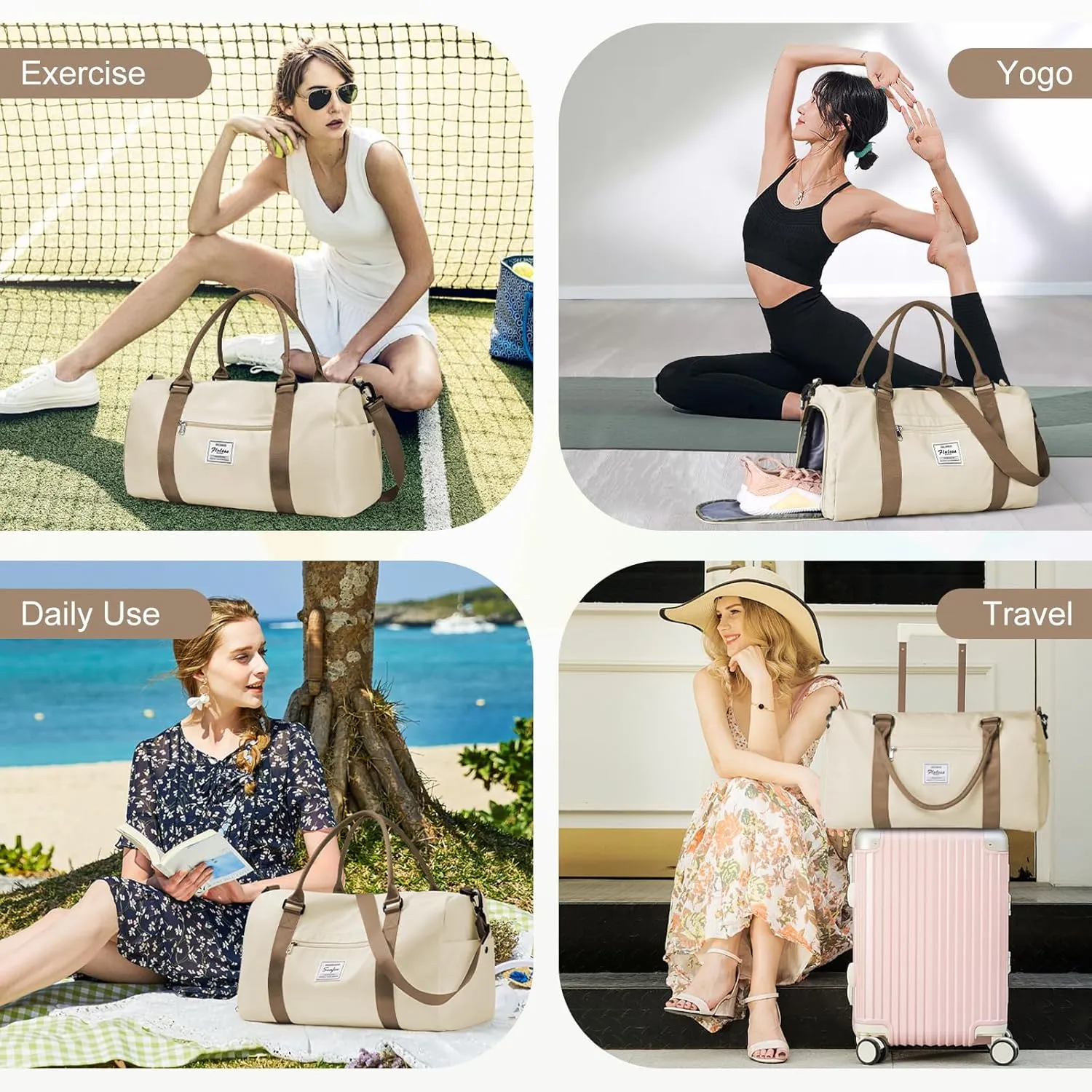 Gym Bag for Women with Shoes Compartment,Small Duffel Bag Sport bag with Toiletry Bag Overnight Travel Tote Bags Weekender Carry on Bag Personal Item Bag for Airlines Beige Brown