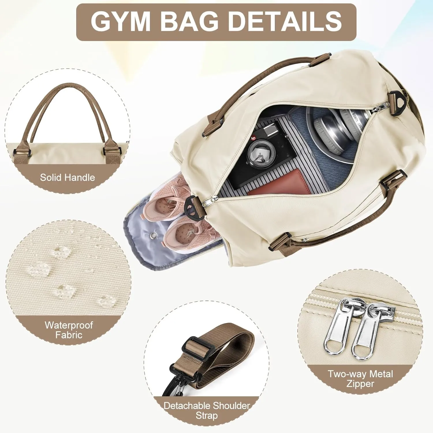 Gym Bag for Women with Shoes Compartment,Small Duffel Bag Sport bag with Toiletry Bag Overnight Travel Tote Bags Weekender Carry on Bag Personal Item Bag for Airlines Beige Brown