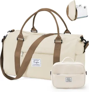 Gym Bag for Women with Shoes Compartment,Small Duffel Bag Sport bag with Toiletry Bag Overnight Travel Tote Bags Weekender Carry on Bag Personal Item Bag for Airlines Beige Brown