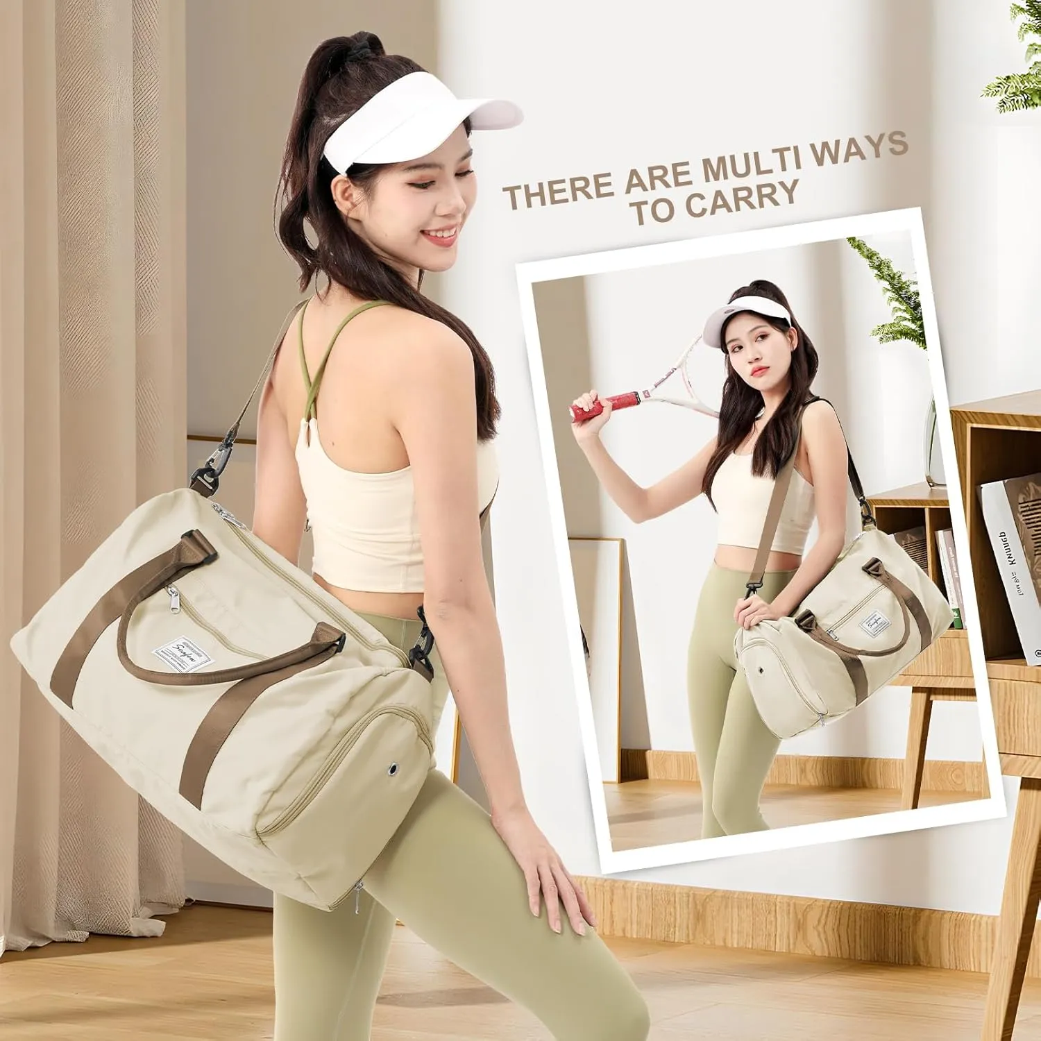 Gym Bag for Women with Shoes Compartment,Small Duffel Bag Sport bag with Toiletry Bag Overnight Travel Tote Bags Weekender Carry on Bag Personal Item Bag for Airlines Beige Brown
