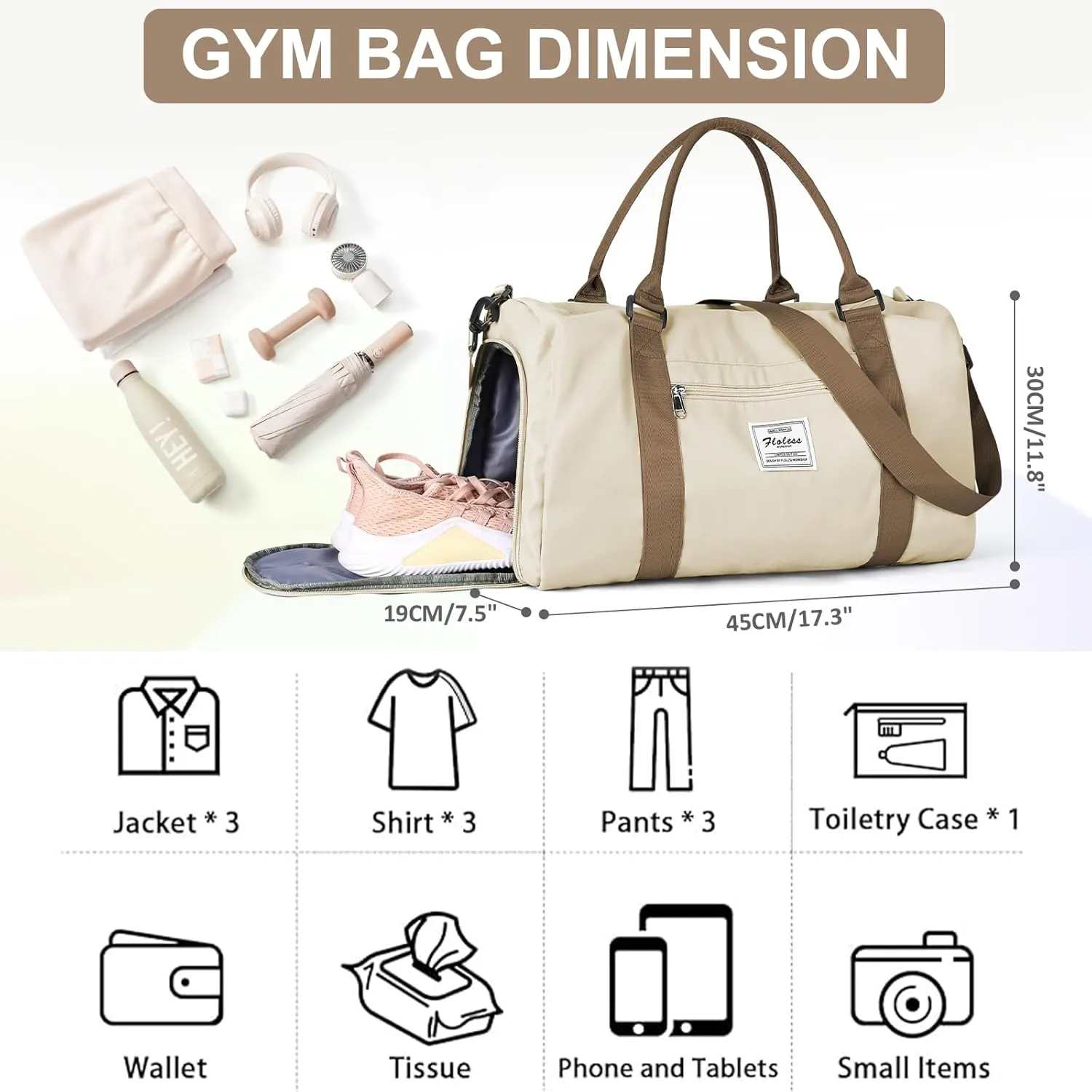 Gym Bag for Women with Shoes Compartment,Small Duffel Bag Sport bag with Toiletry Bag Overnight Travel Tote Bags Weekender Carry on Bag Personal Item Bag for Airlines Beige Brown