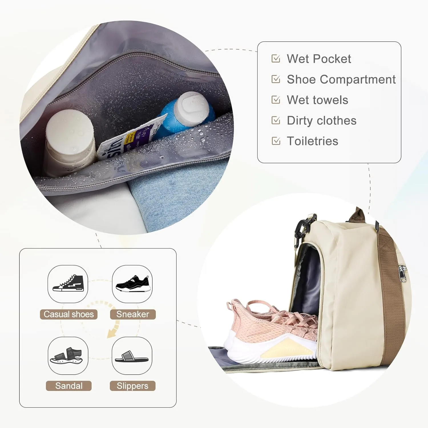 Gym Bag for Women with Shoes Compartment,Small Duffel Bag Sport bag with Toiletry Bag Overnight Travel Tote Bags Weekender Carry on Bag Personal Item Bag for Airlines Beige Brown