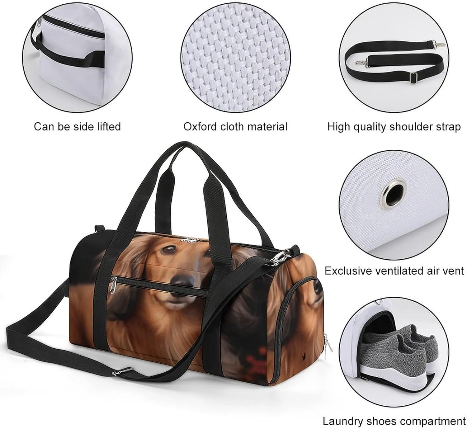 Gym Bag Long Haired Dachshund Duffel Bag for Men Women Travel Overnight Bag with Shoe Compartment Workout Bags