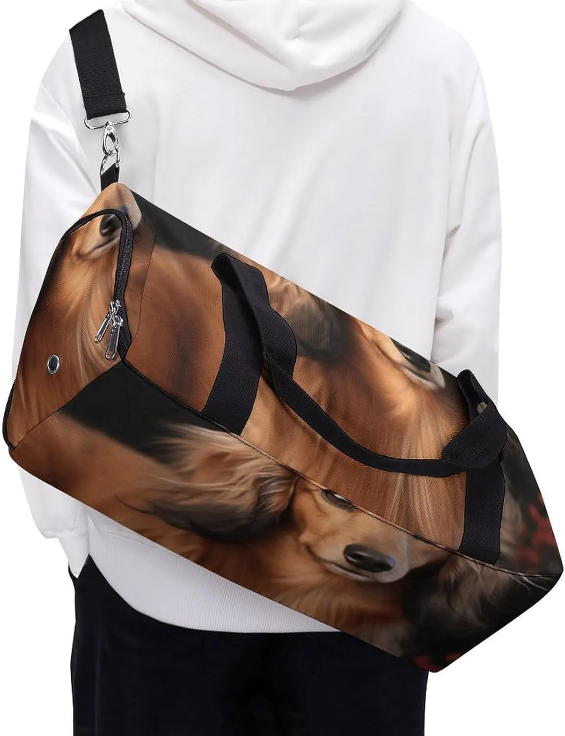 Gym Bag Long Haired Dachshund Duffel Bag for Men Women Travel Overnight Bag with Shoe Compartment Workout Bags