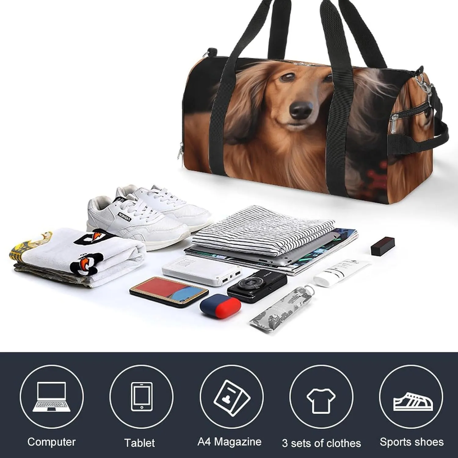Gym Bag Long Haired Dachshund Duffel Bag for Men Women Travel Overnight Bag with Shoe Compartment Workout Bags