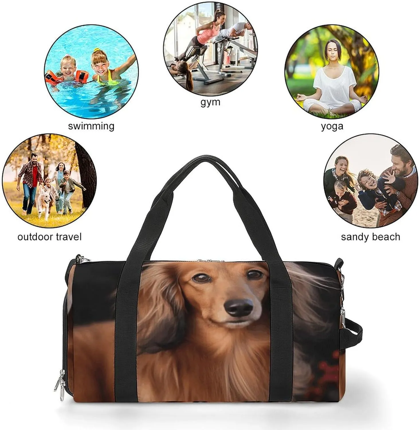 Gym Bag Long Haired Dachshund Duffel Bag for Men Women Travel Overnight Bag with Shoe Compartment Workout Bags