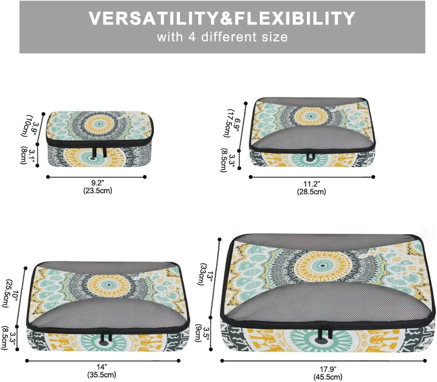 Hand drawn Ethnic Gold Mandala Arabic, Indian, Turkish and Ottoman 4 PCs Set Packing Bags, Luggage Organizer Bag, Portable Cube Toiletry bag, Durable Travel Cosmetic Storage Bag for Men Women