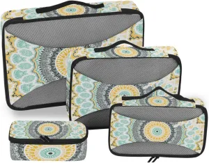 Hand drawn Ethnic Gold Mandala Arabic, Indian, Turkish and Ottoman 4 PCs Set Packing Bags, Luggage Organizer Bag, Portable Cube Toiletry bag, Durable Travel Cosmetic Storage Bag for Men Women