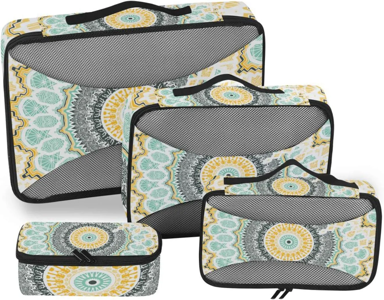 Hand drawn Ethnic Gold Mandala Arabic, Indian, Turkish and Ottoman 4 PCs Set Packing Bags, Luggage Organizer Bag, Portable Cube Toiletry bag, Durable Travel Cosmetic Storage Bag for Men Women
