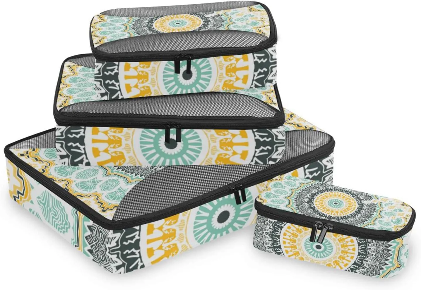 Hand drawn Ethnic Gold Mandala Arabic, Indian, Turkish and Ottoman 4 PCs Set Packing Bags, Luggage Organizer Bag, Portable Cube Toiletry bag, Durable Travel Cosmetic Storage Bag for Men Women