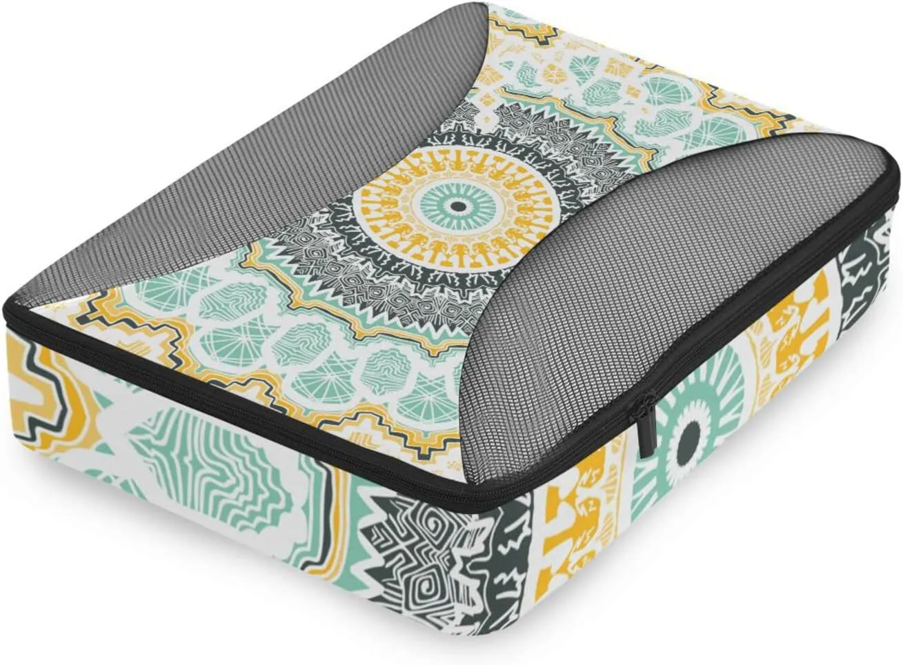 Hand drawn Ethnic Gold Mandala Arabic, Indian, Turkish and Ottoman 4 PCs Set Packing Bags, Luggage Organizer Bag, Portable Cube Toiletry bag, Durable Travel Cosmetic Storage Bag for Men Women