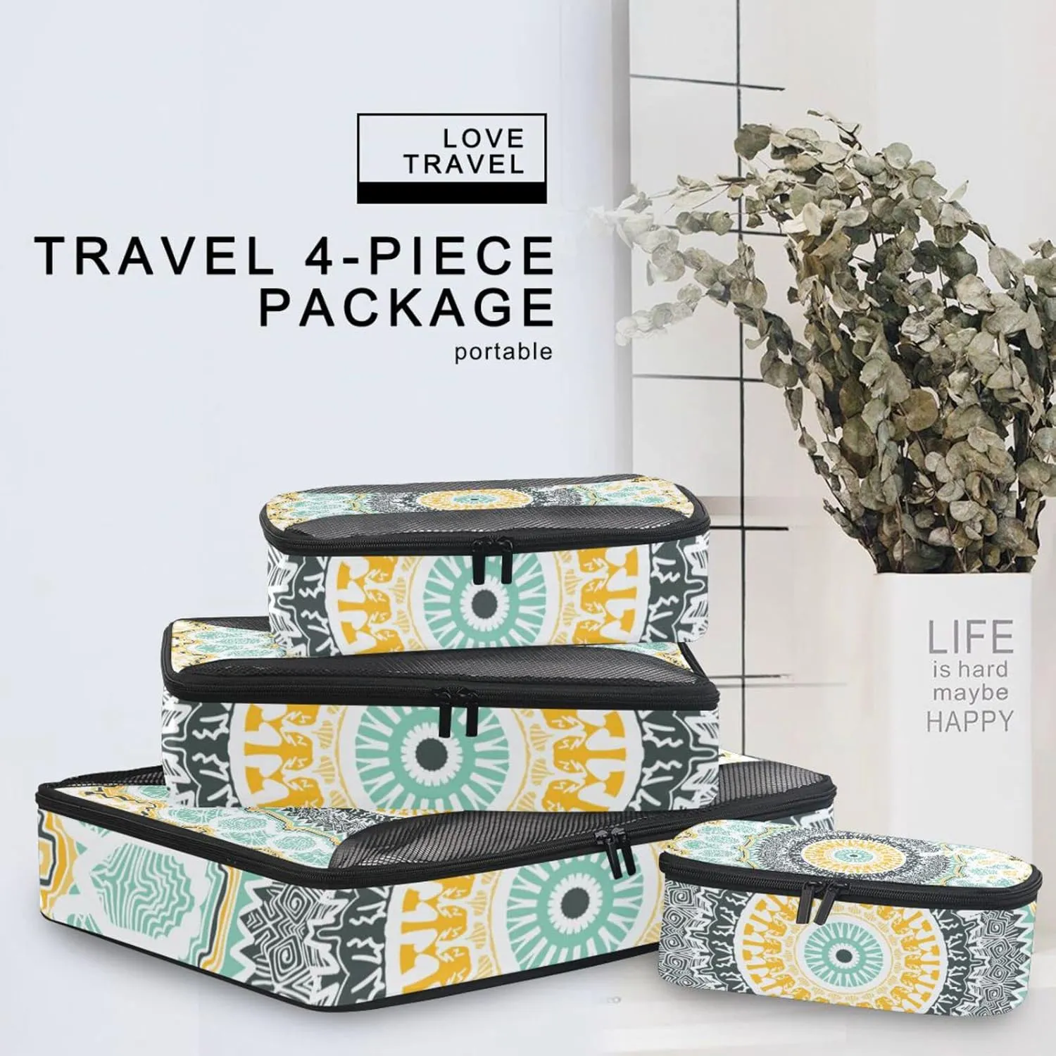Hand drawn Ethnic Gold Mandala Arabic, Indian, Turkish and Ottoman 4 PCs Set Packing Bags, Luggage Organizer Bag, Portable Cube Toiletry bag, Durable Travel Cosmetic Storage Bag for Men Women