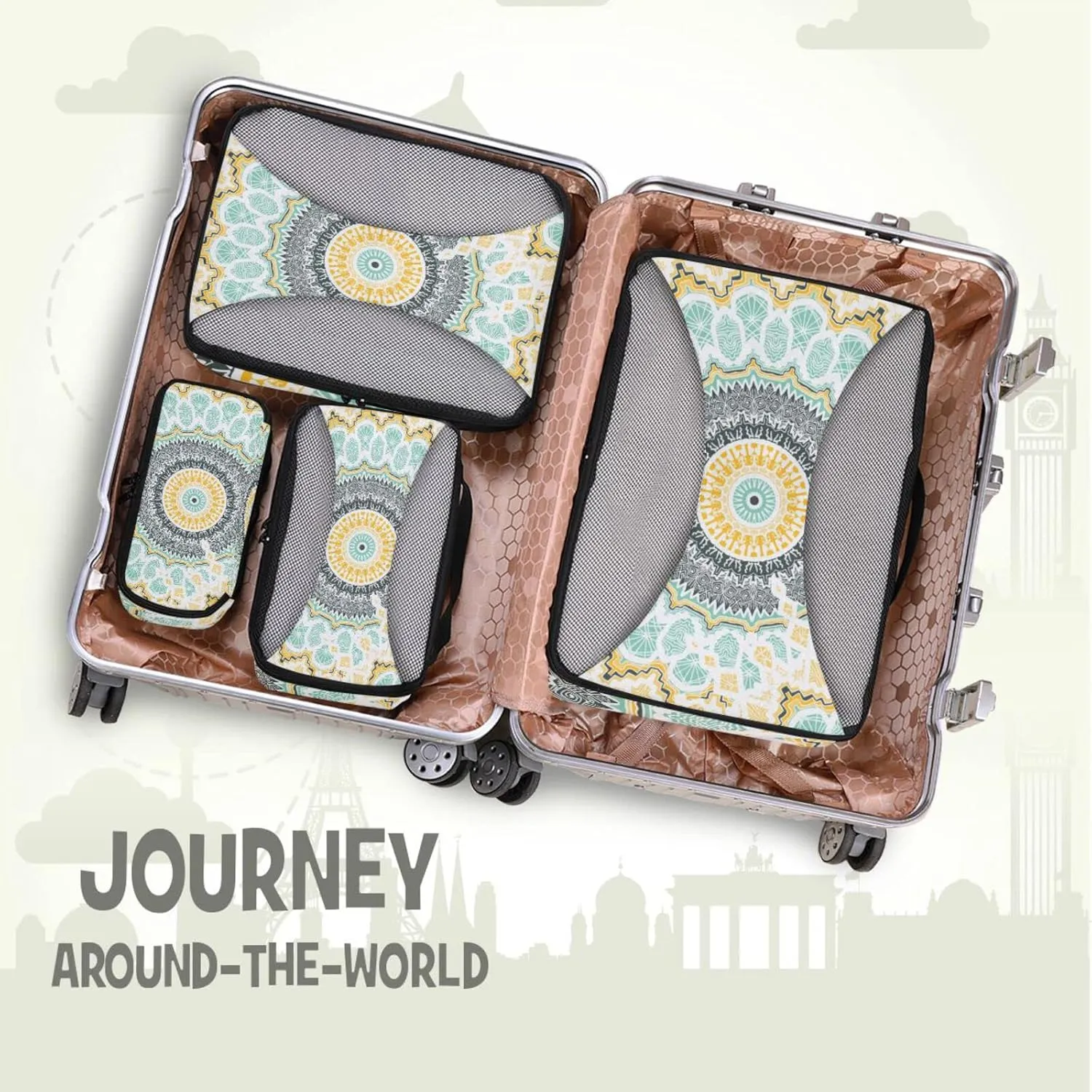 Hand drawn Ethnic Gold Mandala Arabic, Indian, Turkish and Ottoman 4 PCs Set Packing Bags, Luggage Organizer Bag, Portable Cube Toiletry bag, Durable Travel Cosmetic Storage Bag for Men Women