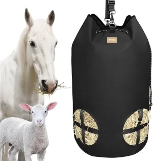 Hay Bags for Horses, Large Capacity Slow Feeder with Adjustable Top Opening, 4 Holes for Sheep, Goats, Donkeys